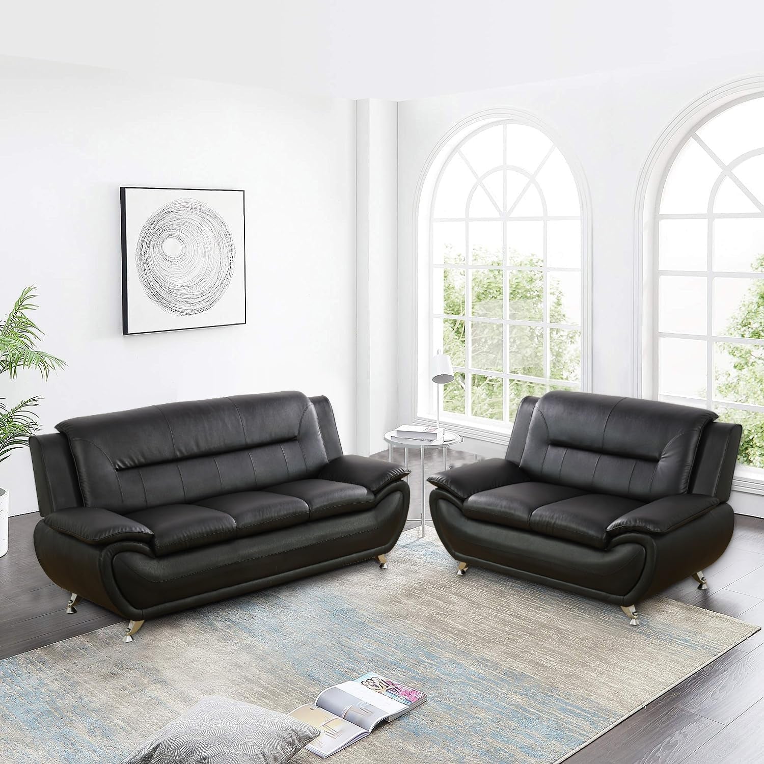 Black Faux Leather Sofa Loveseat Set Living Room-0