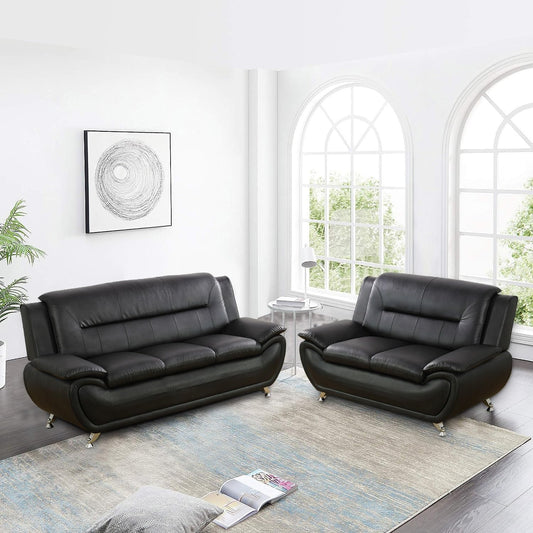 Black Faux Leather Sofa Loveseat Set Living Room-0