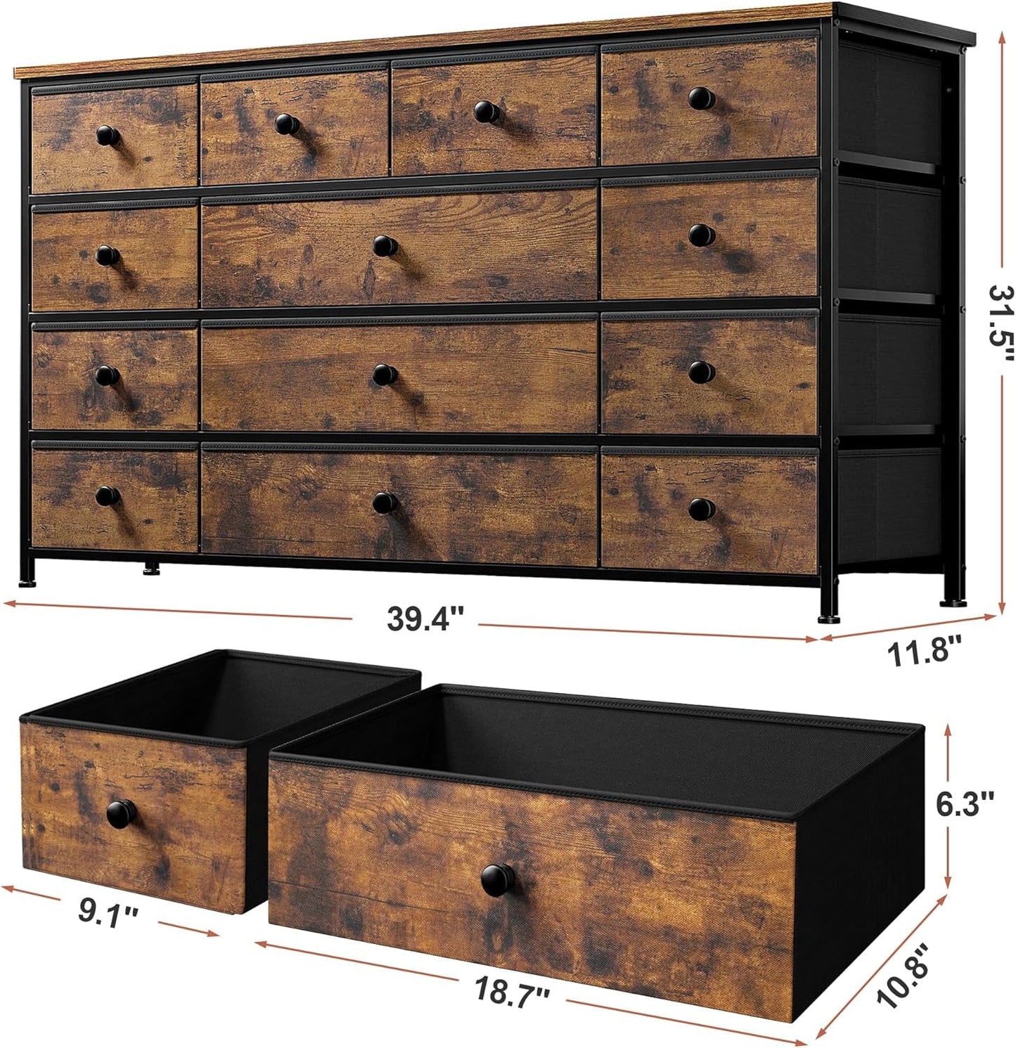 Dresser with 13 Drawers Dresser TV Stand for 55" TV Long Dresser for Bedroom, Large Dressers & Chest of Drawers for Bedroom Living Room Entry, Sturdy Metal Frame,39.4" Wx 31.5" H X 11.8" D-2