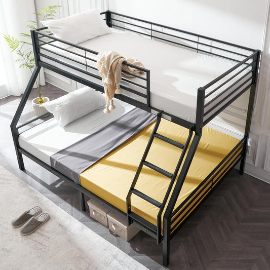 Bunk Beds Twin over Full Size for Kids Teens Adults/Flat Steps/Heavy Duty Metal Slat, Black-0