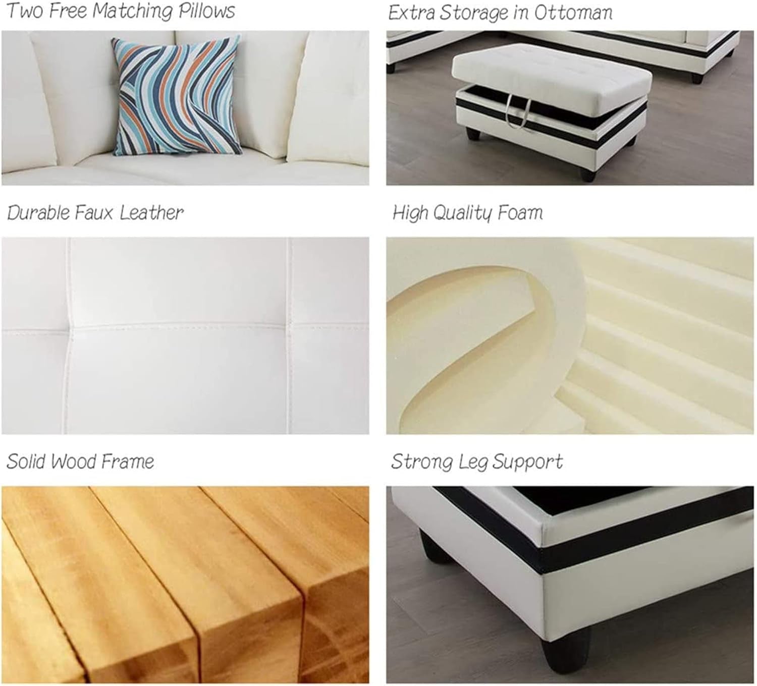 Sectional Sofa Faux Leather Modern L Shaped Couch Set 103.5”Wide Including Chaise and 3 Seating Sofa with Storage Ottoman for Living Room Furniture (Right Hand Facing, A-White)-3