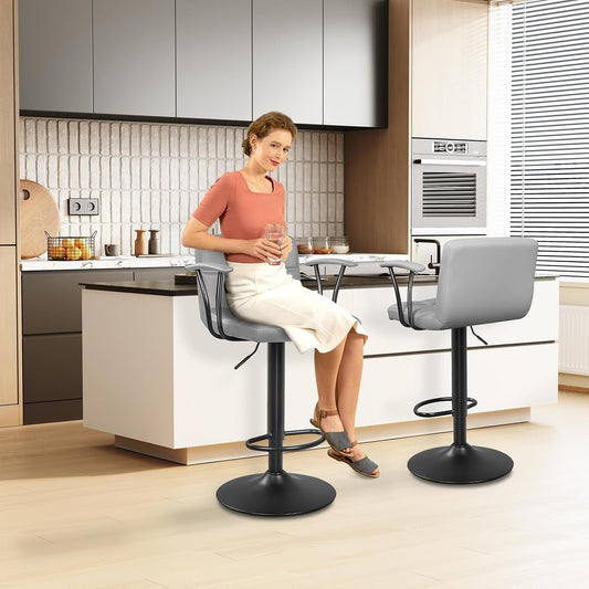 Bar Stools Set of 2, Armrest Adjustable Swivel Barstools with Back, Double Needle PU Leather Counter Height Chairs for Kitchen Lsland (Light Grey)-1
