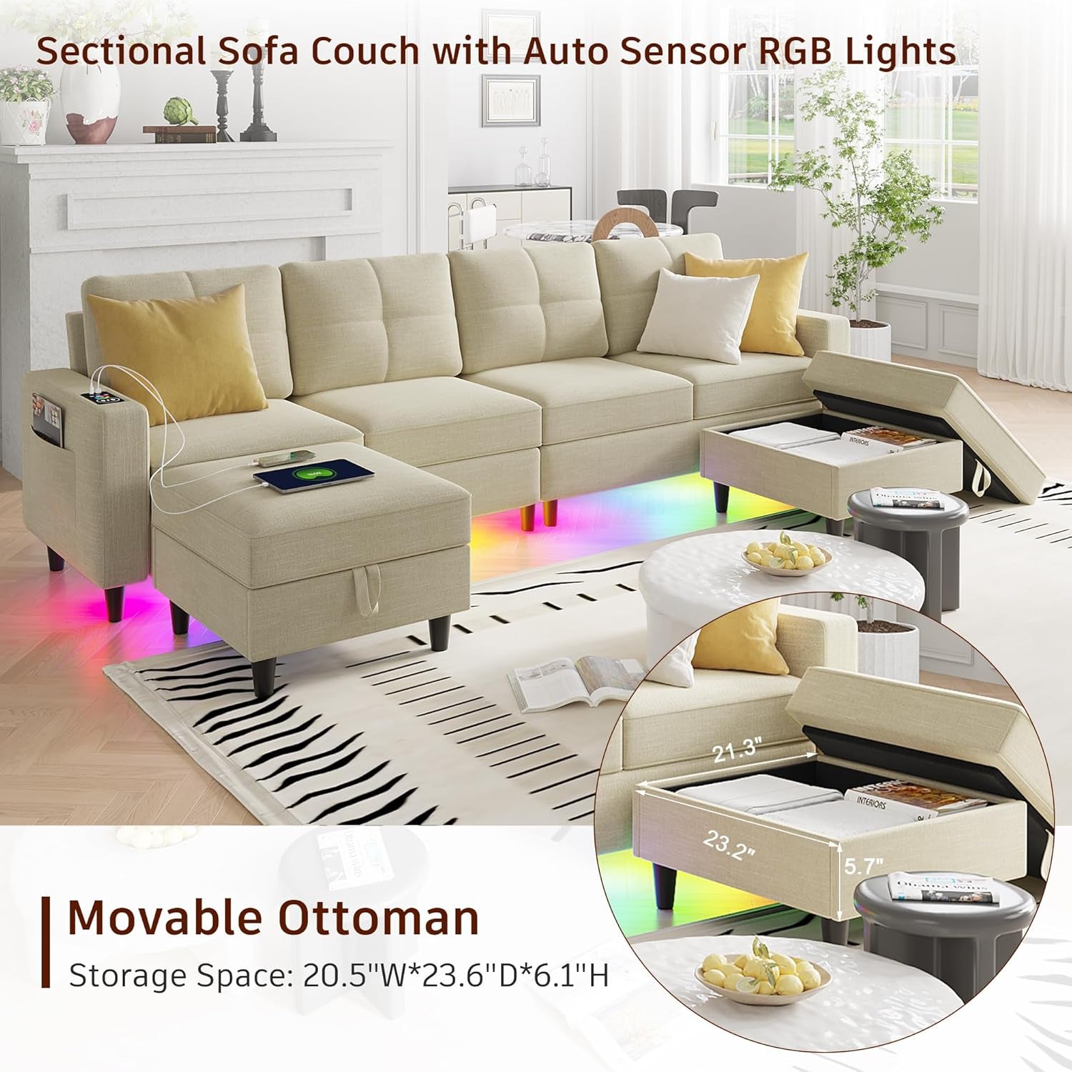 LED Sectional Couches for Living Room, Modular Sectional Sofa Set with Storage Ottomans, Oversized U Shaped Sofa Couch with Auto Sensor RGB Lights and Charging Station (Beige)-1