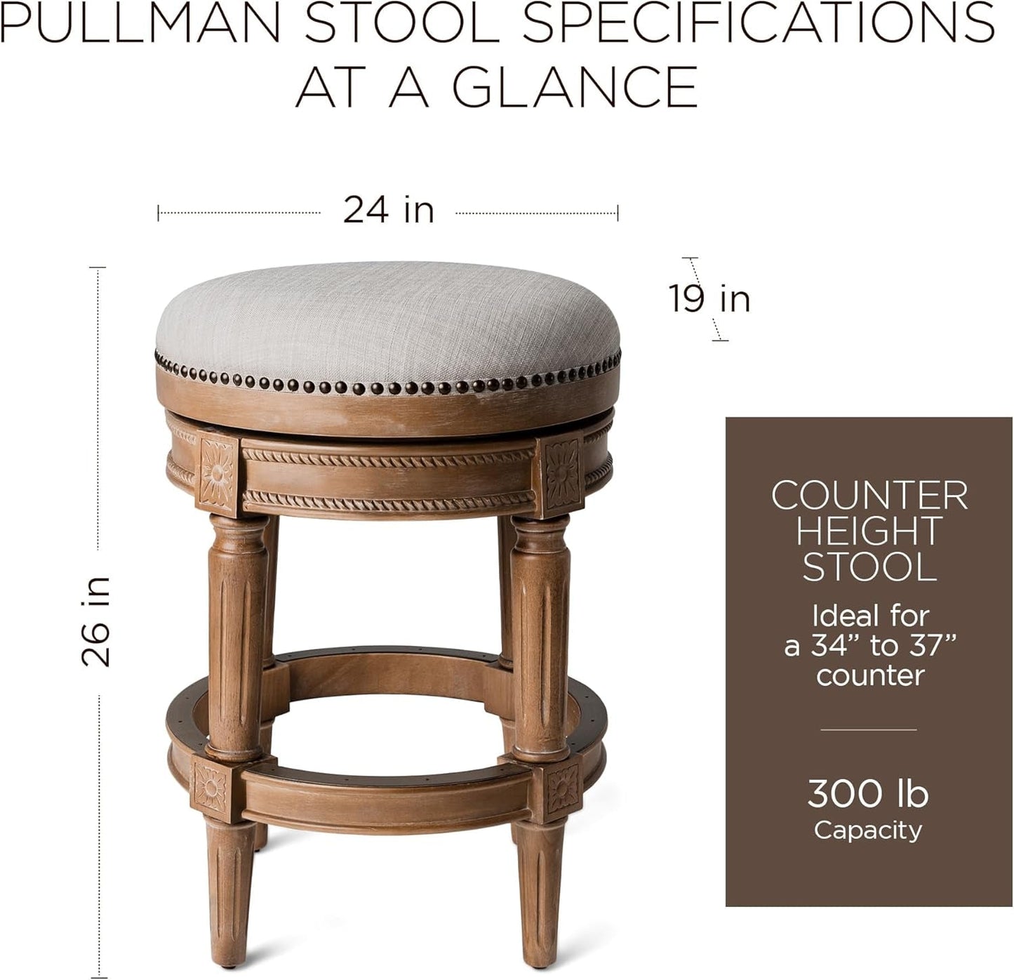 Pullman 26 Inch Tall Backless Weathered Oak Finish Counter Height Upholstered Barstool with Sand Color Fabric Cushion Seat-2