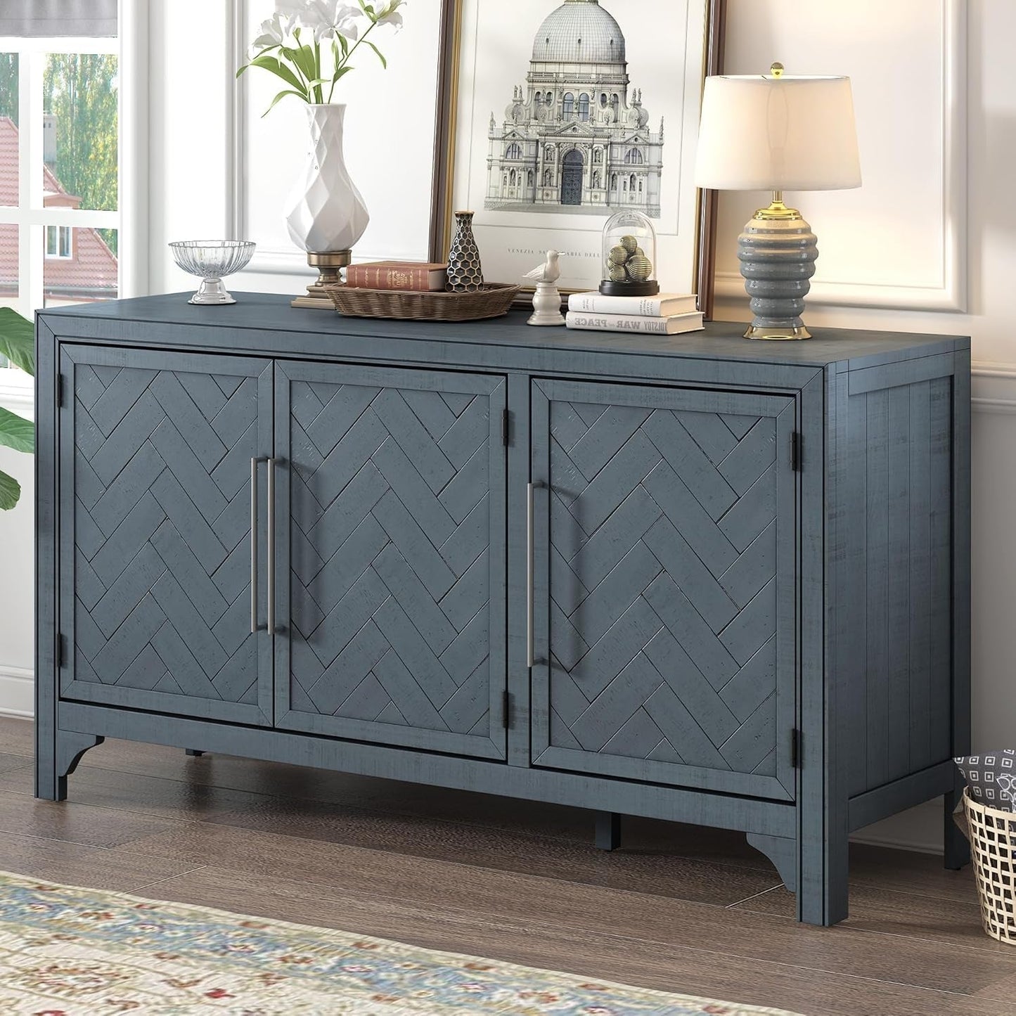 Modern Rustic Wood Buffet Sideboard with Metal Handles, 3 Doors Coffee Bar Cabinet TV Stand for Bedroom Living Room Dinning Room Kitchen Navy Blue-2