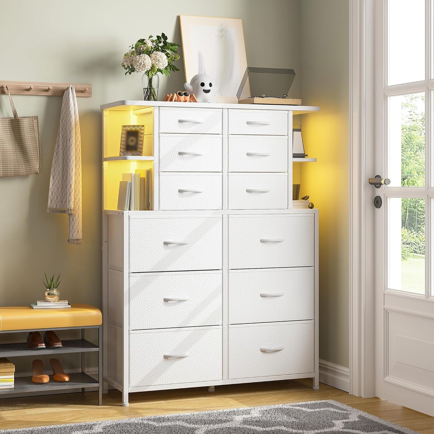 Dresser for Bedroom with LED Lights, 12 Drawers Bedroom Dresser, Black Dresser and Tall Dresser with Open Shelves, Fabric Dressers & Chests of Drawers with Sturdy Metal Frame, White-1