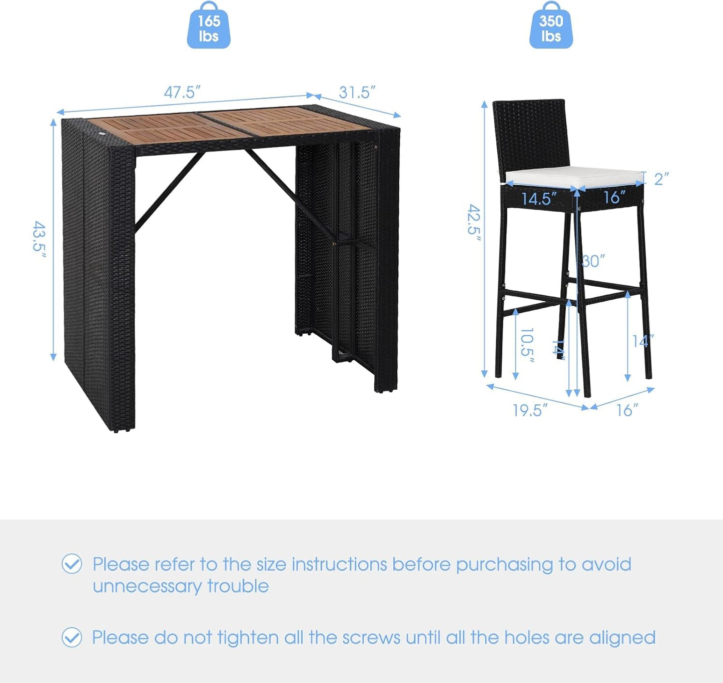 5 Piece Patio Wicker Bar Set, Patiojoy Outdoor Acacia Wood Bar Height Table & 4 Rattan Bar Stool Chairs with Backrest and Footrest, Outdoor Dining Bistro Set-4