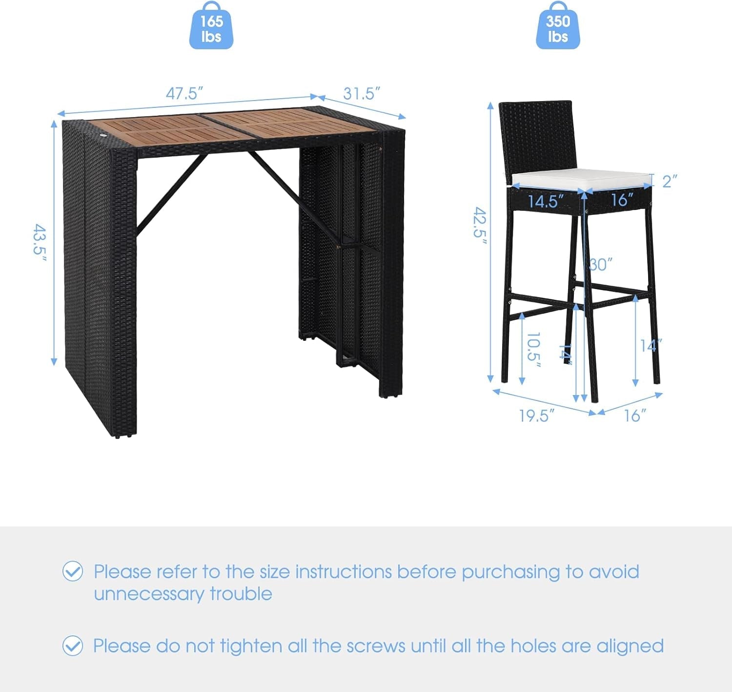 5 Piece Patio Wicker Bar Set, Patiojoy Outdoor Acacia Wood Bar Height Table & 4 Rattan Bar Stool Chairs with Backrest and Footrest, Outdoor Dining Bistro Set-4