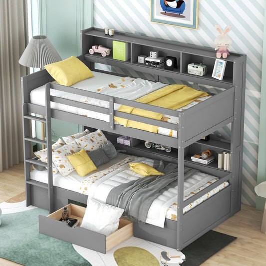 Bunk Bed Twin over Twin with Storage,Wood Twin Bunk Beds with Built-In Shelves beside Both Upper & down Bed,Multi Storage Bunk Beds with Drawer for Kids Girls Boys, Grey-0