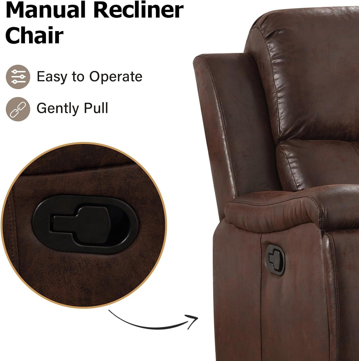 Leather Recliner Chair, Classic and Traditional Manual Recliner Chair with Overstuffed Arms and Back, Manual Single Sofa with Concealed Cup Holders,Red Brown-3