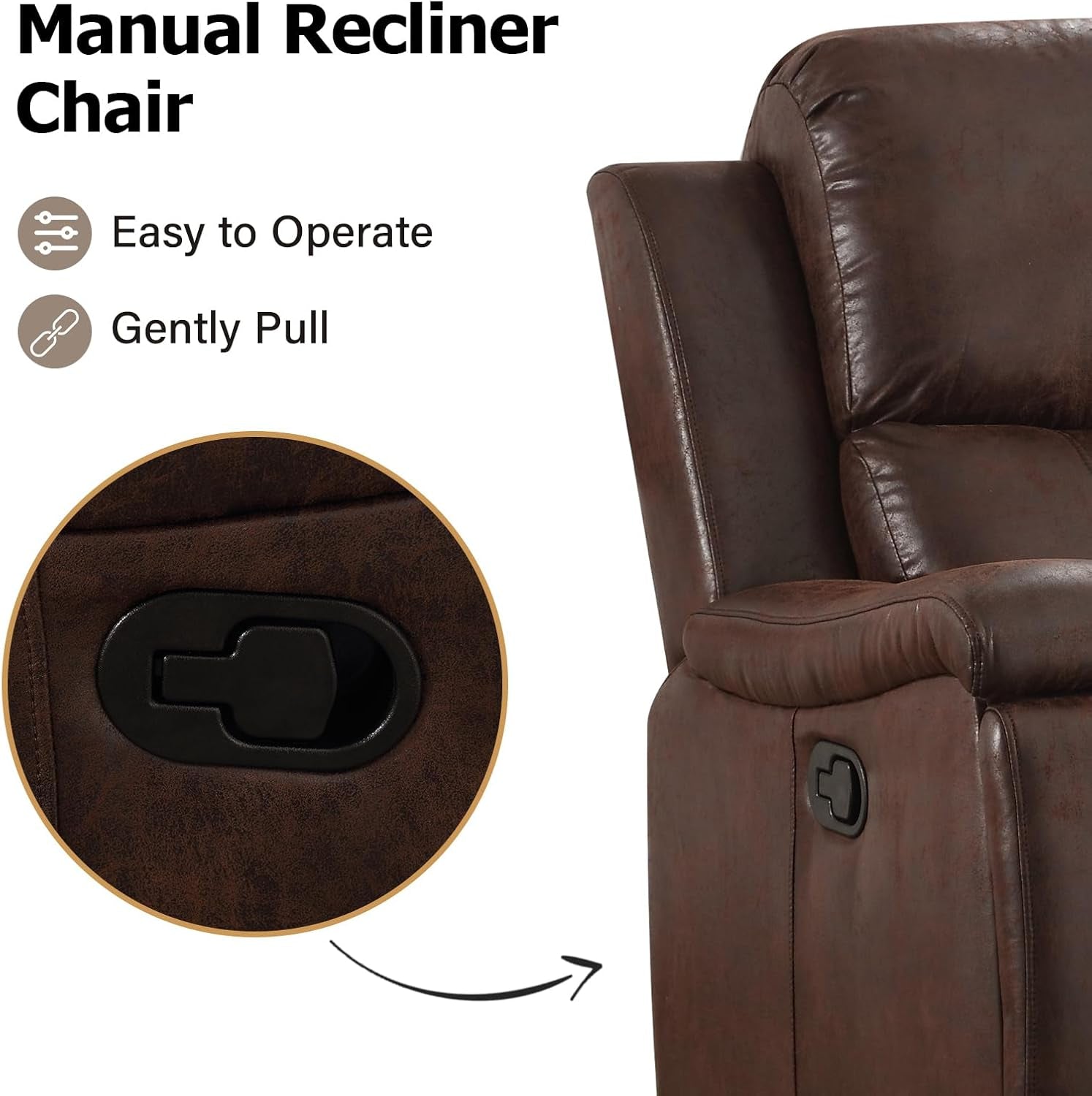 Leather Recliner Chair, Classic and Traditional Manual Recliner Chair with Overstuffed Arms and Back, Manual Single Sofa with Concealed Cup Holders,Red Brown-3