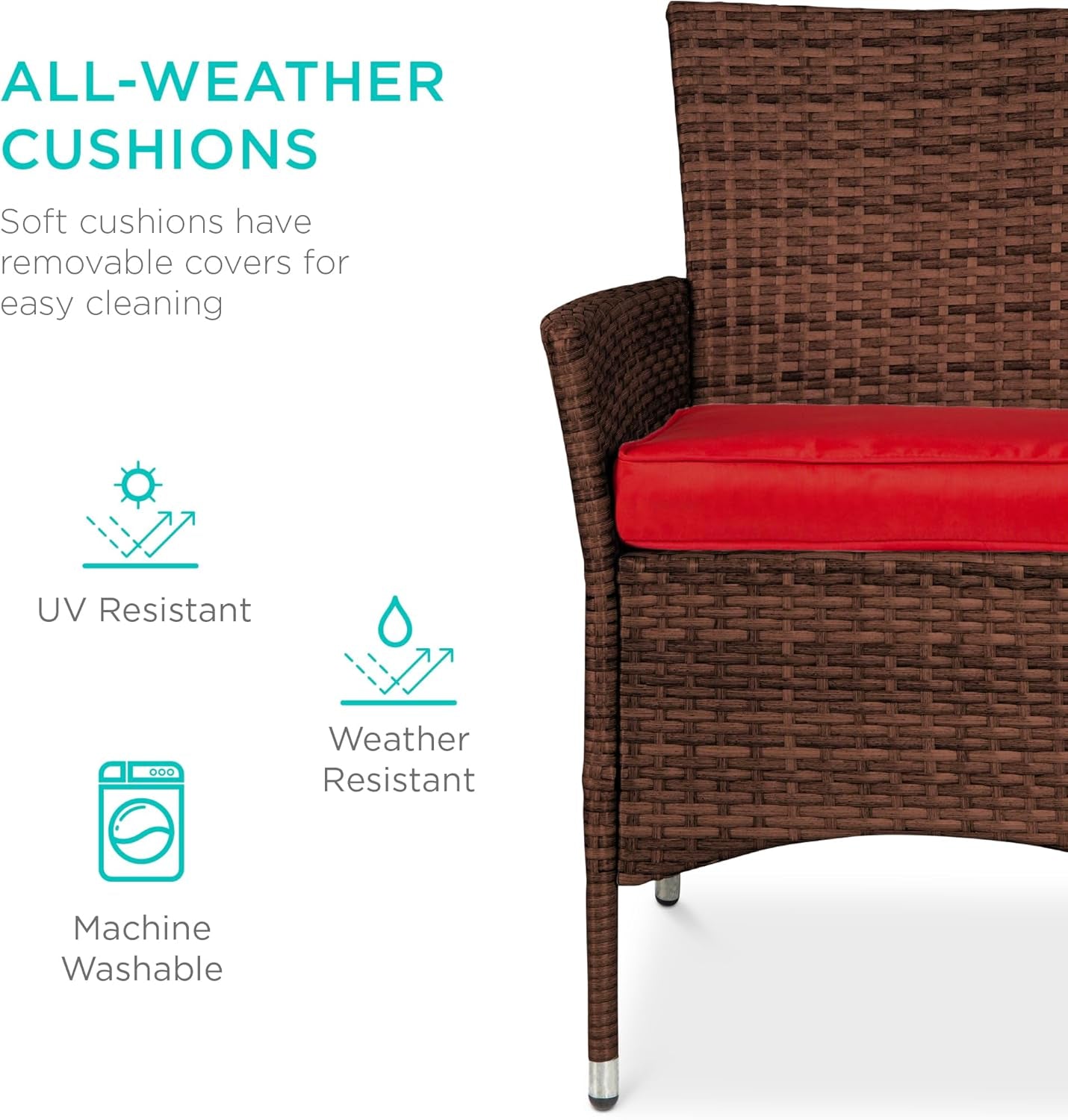 5-Piece Indoor Outdoor Wicker Dining Set Furniture for Patio, Backyard W/Square Glass Tabletop, Umbrella Cutout, 4 Chairs - Red-3