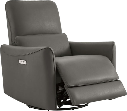 Power Recliner Chair Swivel Glider, FSC Certified Upholstered Faux Leather Living Room Nursery Reclining Sofa Chair with Lumbar Support, Charcoal-0