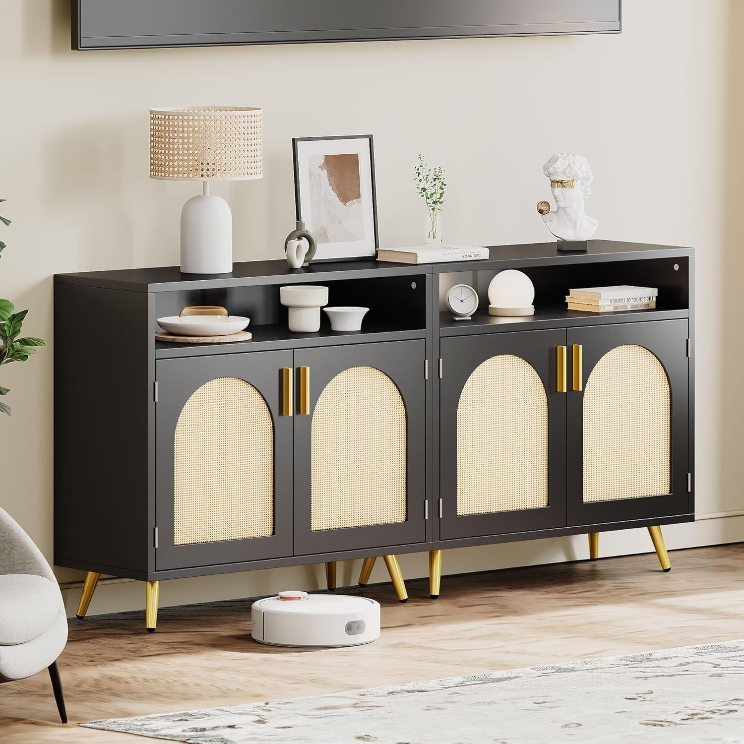 Black Rattan Buffet Cabinet 31.5" with Adjustable Shelves-0