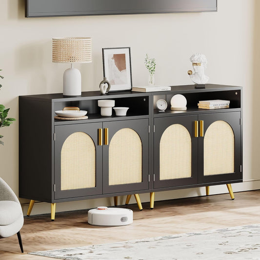 Black Rattan Buffet Cabinet 31.5" with Adjustable Shelves-0
