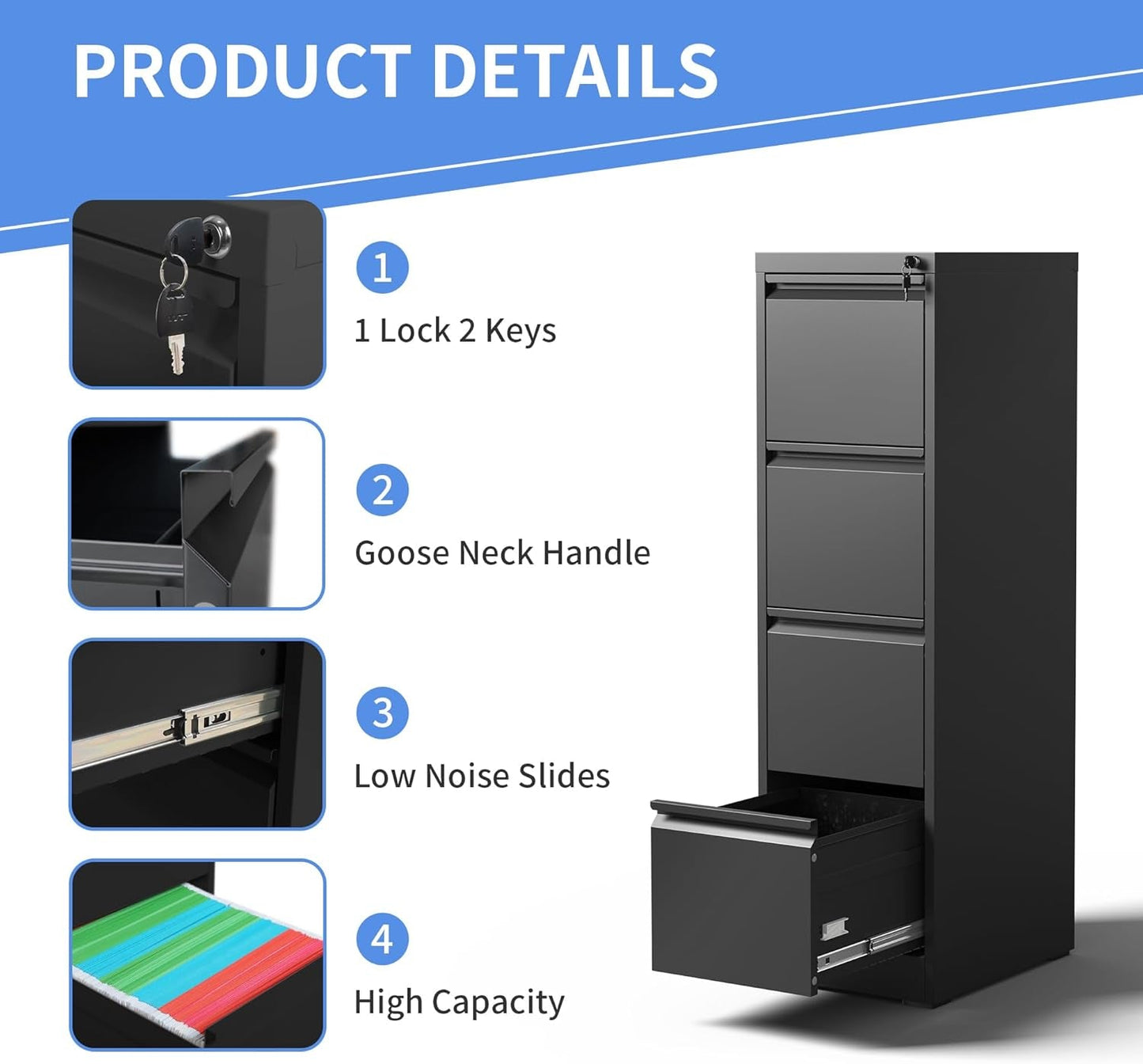 4 Drawer File Cabinet for Home Office, Vertical File Cabinet with Lock, Locking File Cabinet Hanging Files for A4/ Legal/Letter, Require Assembly, Black-3