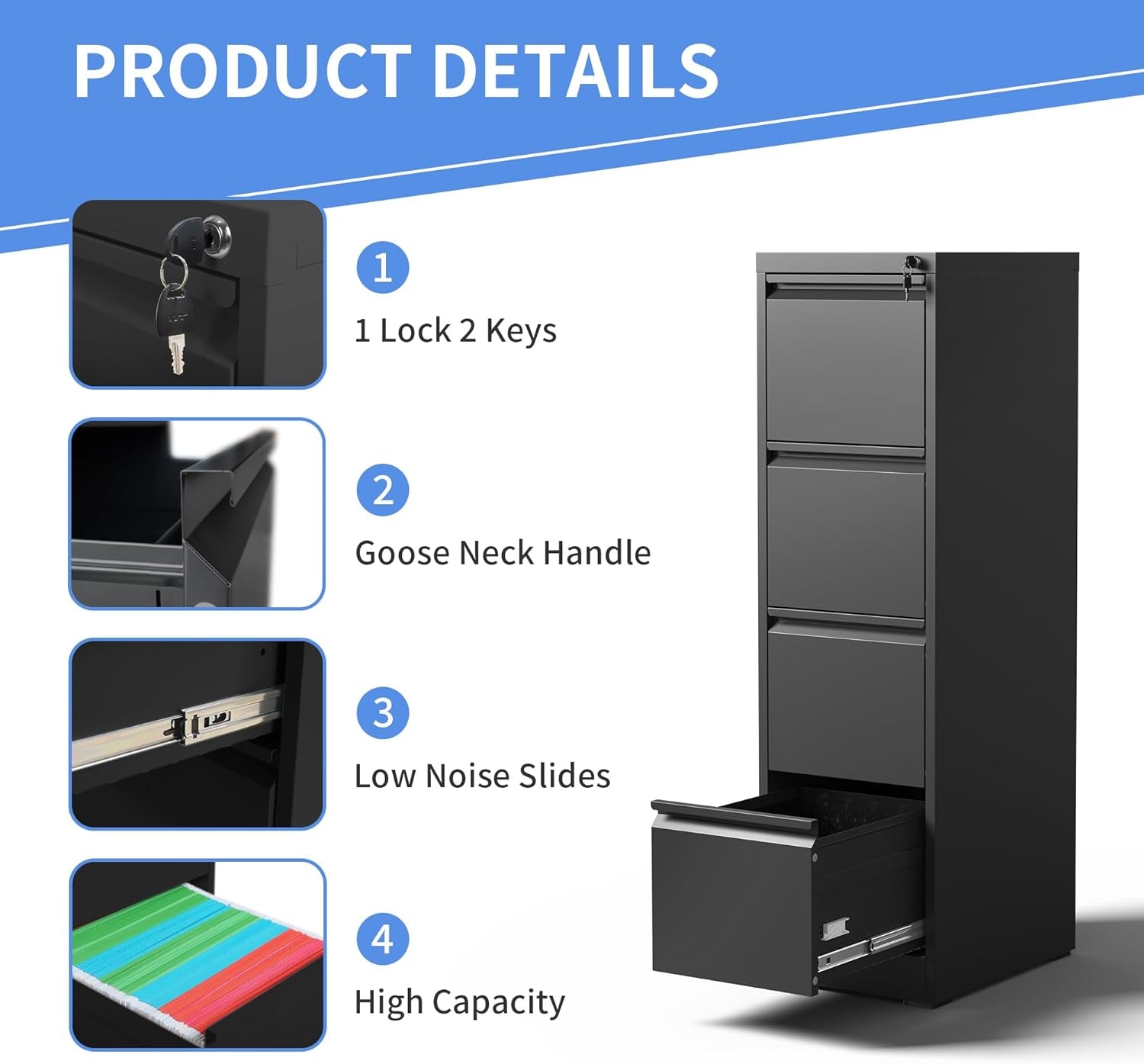 4 Drawer File Cabinet for Home Office, Vertical File Cabinet with Lock, Locking File Cabinet Hanging Files for A4/ Legal/Letter, Require Assembly, Black-3