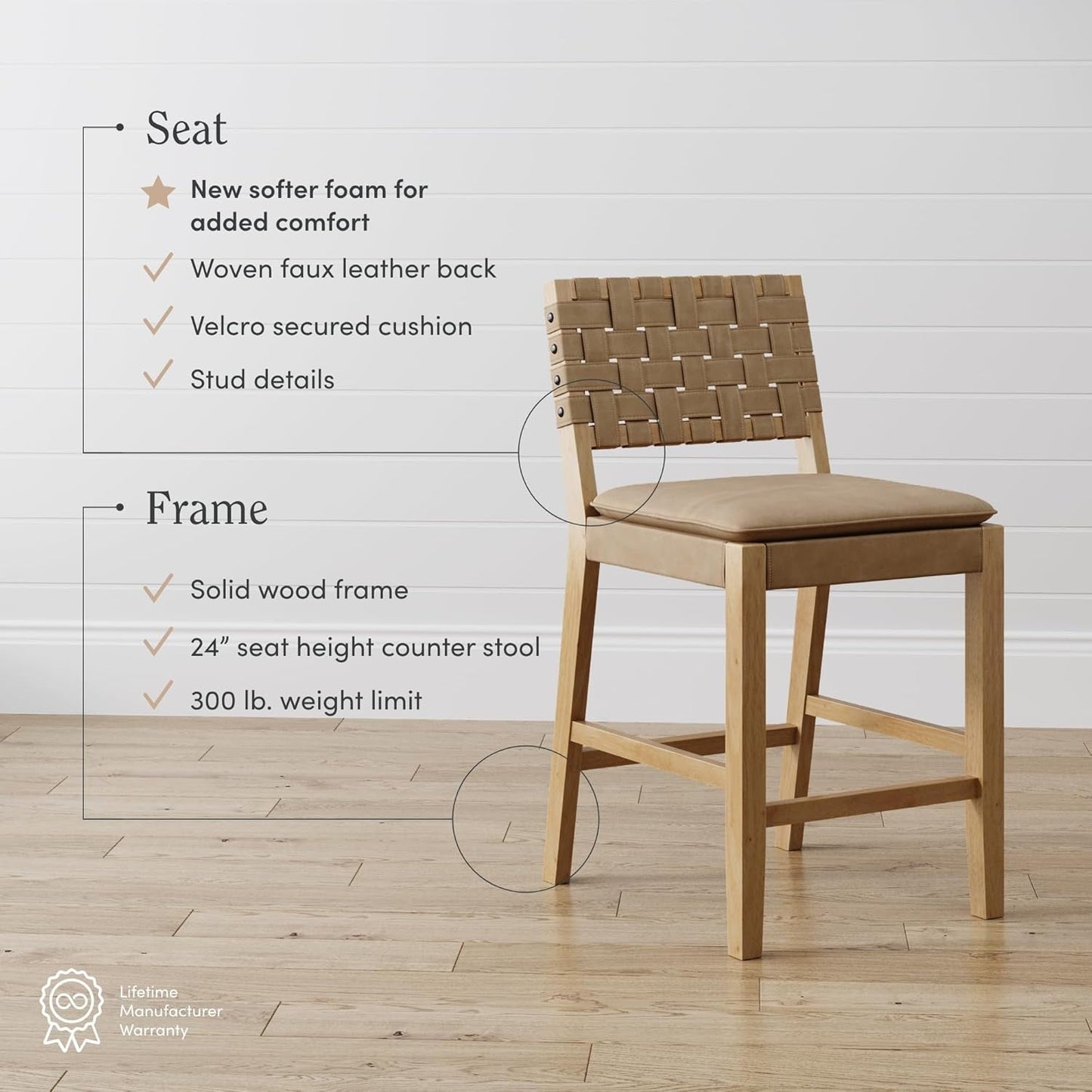 Cohen Mid-Century Modern Leather Bar Stool, Counter Height Chair in Solid Wood Frame with Footrest and Woven Leather Back for Kitchen, Natural Brown, 1 Count, Barstool - 24"-3