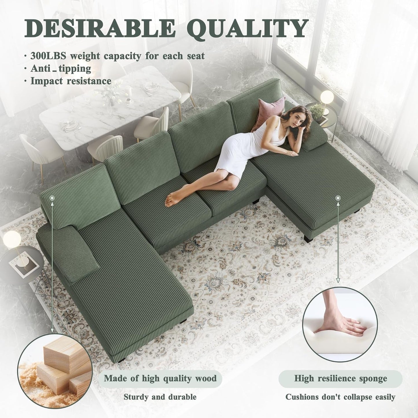 Sofa 110” Corduroy Sectional Comfy Couches for Living Room, Modern Deep Removable Back and Seat Cushions, 4 Seater Fluffy Sleeper with Soft Armrest, Green-3