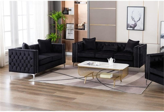 Lorreto Black Velvet Fabric Sofa Loveseat Living Room Set-1