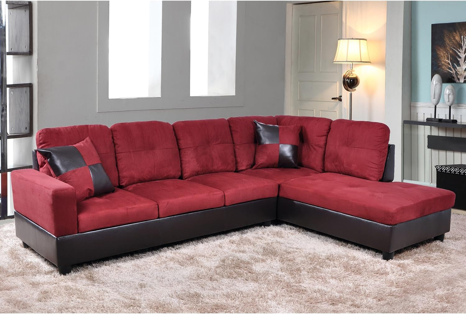 2 Pieces Sectional Sofa Sets, L-Shape Sofa Microfiber Couch Living Room Sofa Set with Chaise Using for Living Room Furniture(A-Red, Right Hand Facing)-0