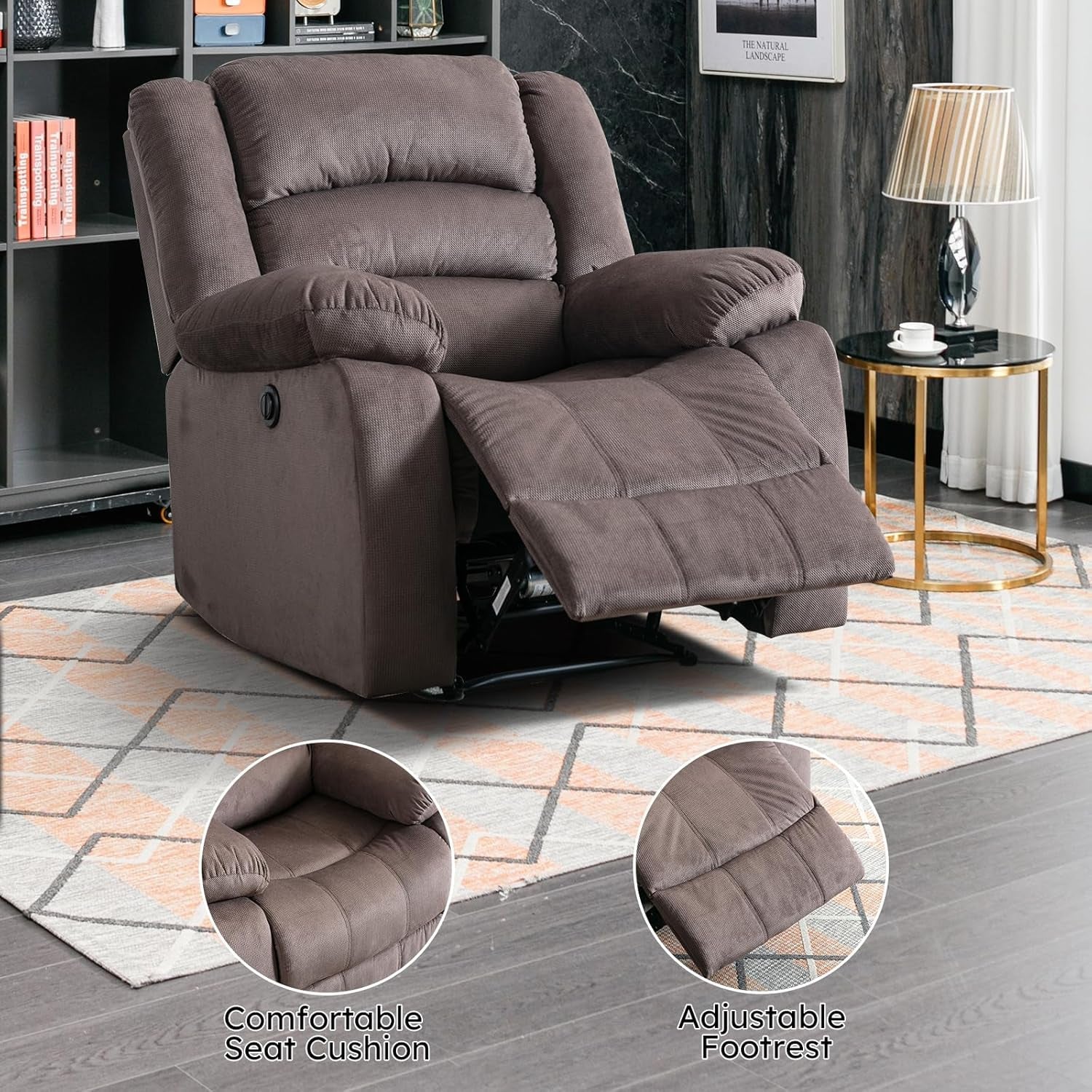 Classic Power Recliner Chair, Oversized Electric Reclining Chair with Overstuffed Cushion and Back, Soft Fabric Adults Single Recliner Sofa for Living Room, Brown-4