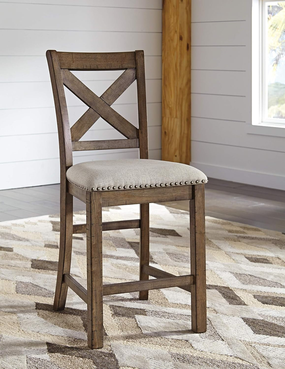 Moriville Rustic Farmhouse 24.5" Upholstered Barstool, 2 Count, Beige & Brown-3