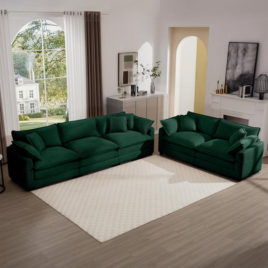 Oversized 2 Piece Sofa Set for Living Room, 3-Seater & Loveseat Couch, Modular Sectional Deep Seat Corduroy Comfy Cloud Couches with 4 Armrest Pillows and 5 Toss Pillows, Green-0