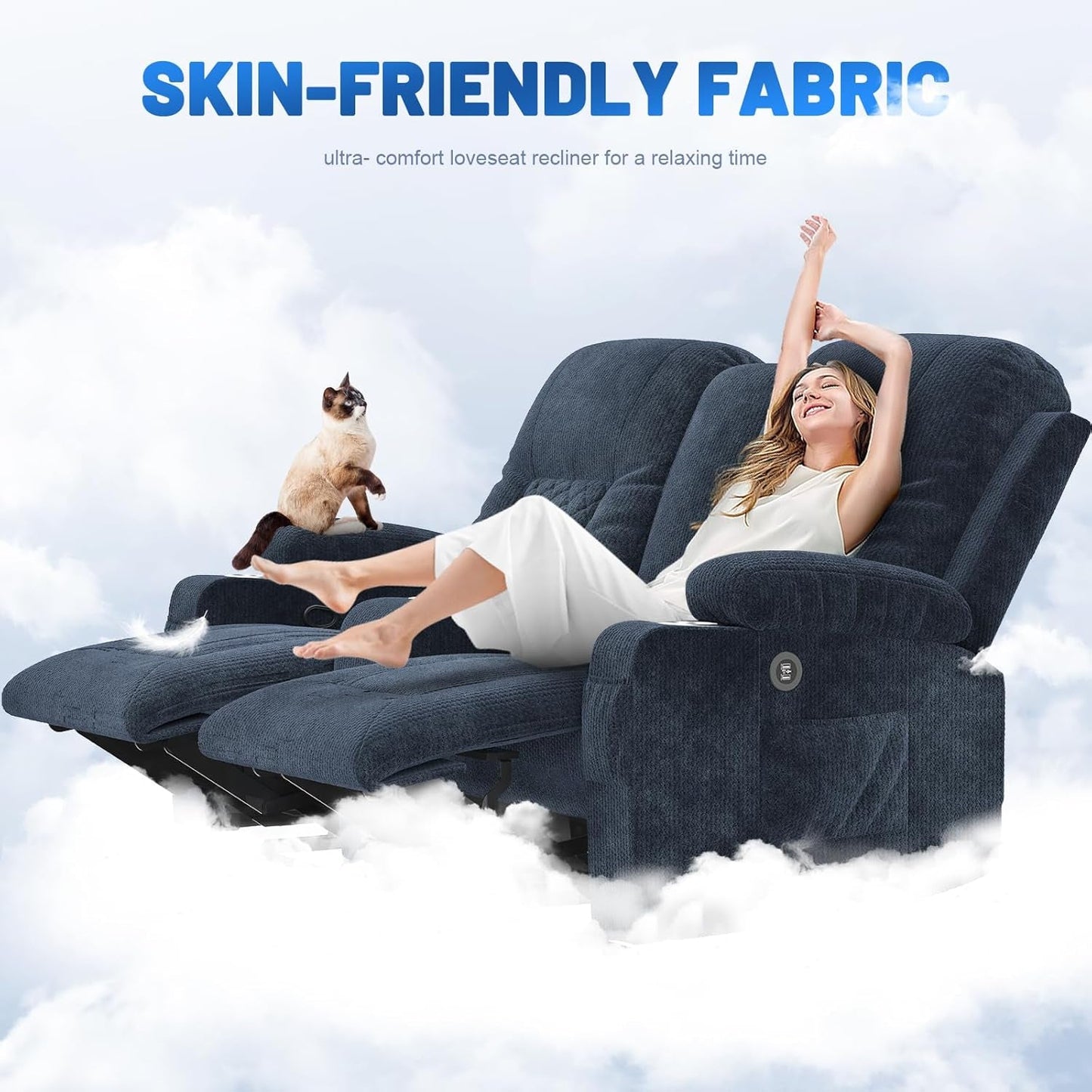 Fabric Loveseat Recliner, Reclining Loveseat Sofa with Storage Console, Recliner Chair with USB Ports, 2 Cell Phone Holders, Cup Holder, Loveseat Couch for Living Room (Navy Blue)-3