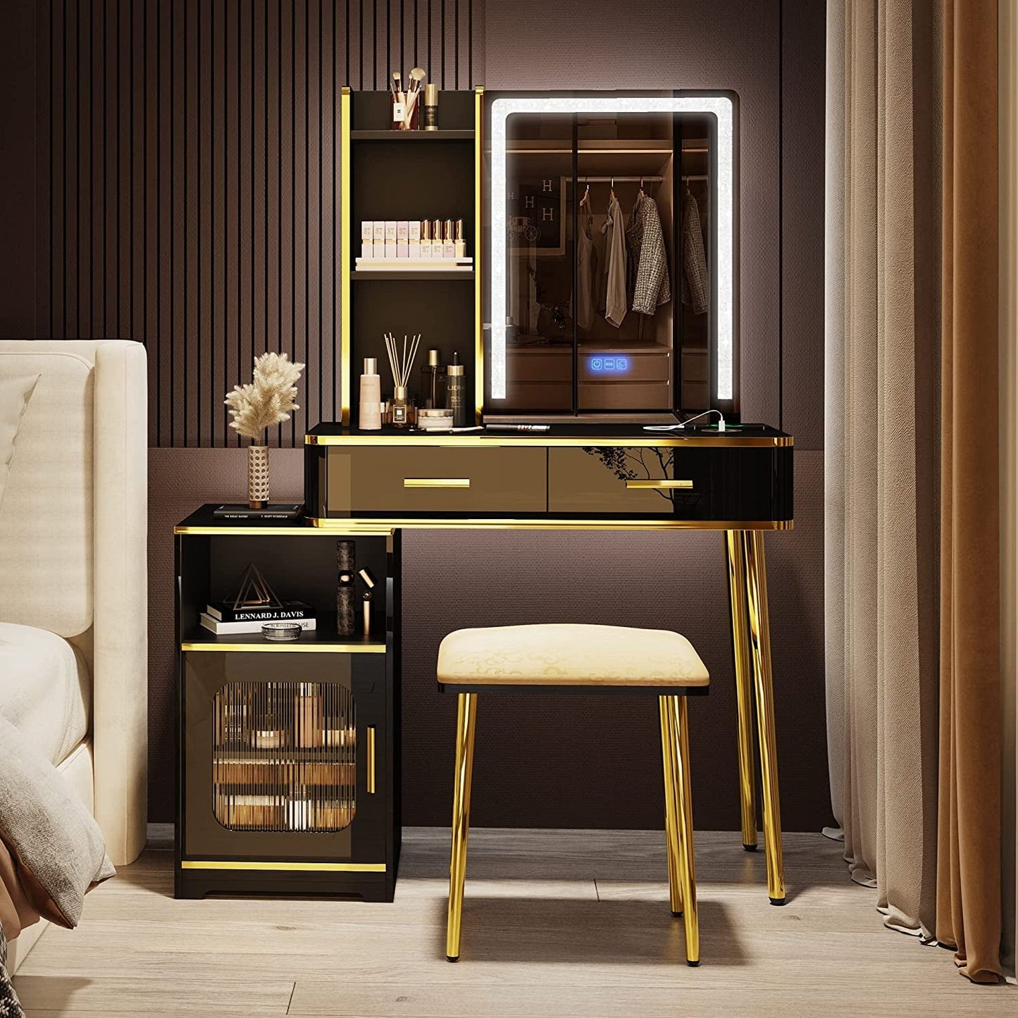 Black Makeup Vanity Set with RGB LED Lighted Mirror-0