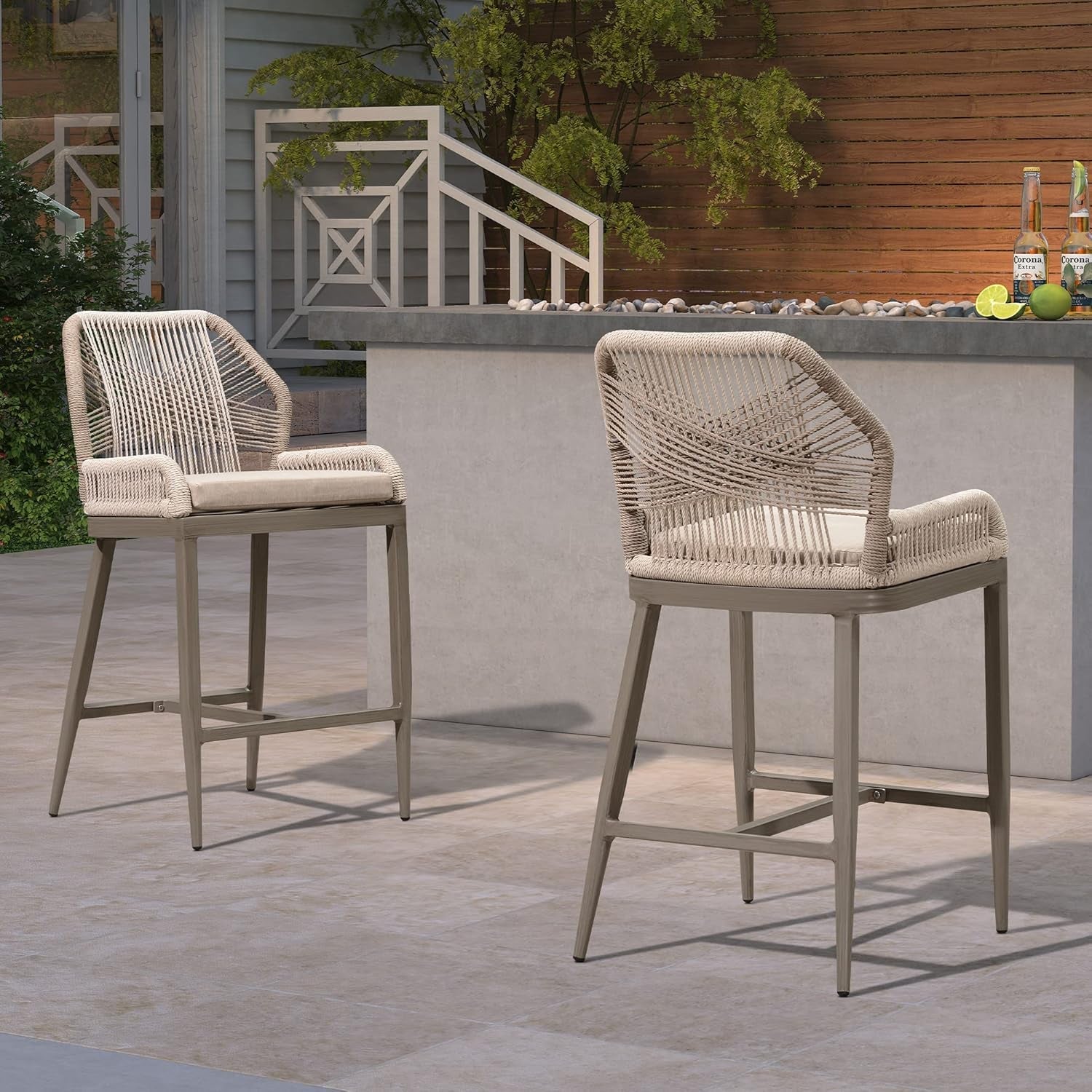 Counter Height Bar Stools Set of 4 Woven Aluminum Modern Barstools with Back and Arms for Patio Balcony Pool Accent Outdoor Kitchen Counter Stool Chairs-2