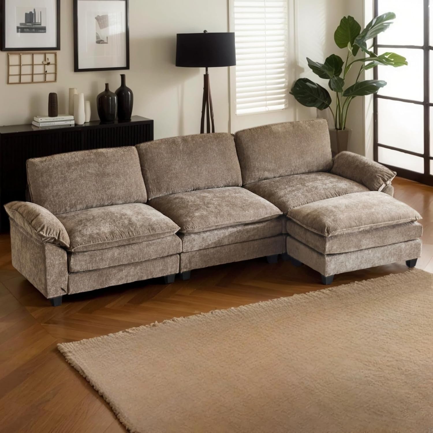 Sectional Sofa Modular Deep Seat Sofa Couch with Ottoman, Chenille Sofa Sleeper Comfy Upholstered Furniture for Living Room, Apartment, Studio, Office, (3-Seat & 1-Ottoman, Light Brown)-0