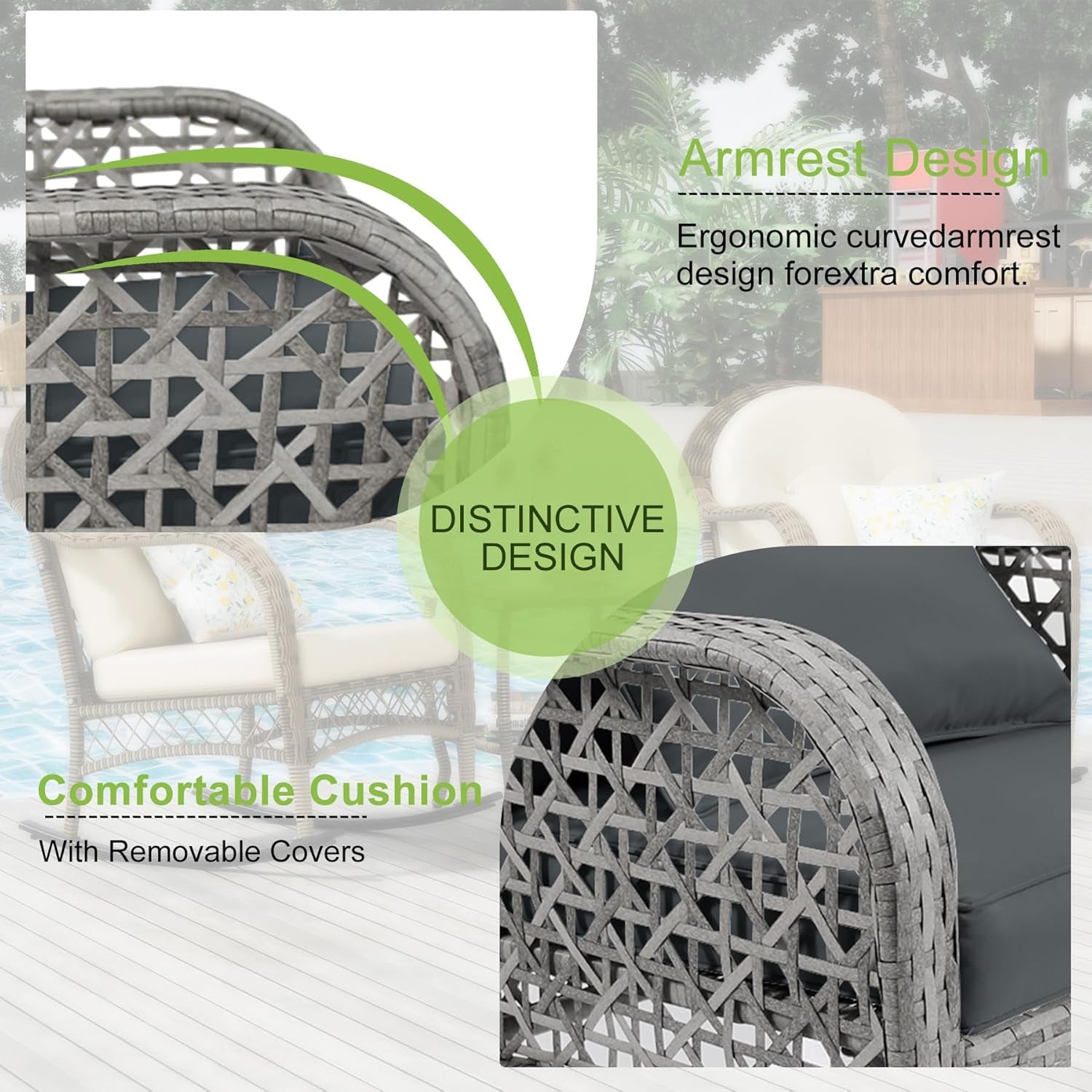 3 Piece Gray Wicker Patio Rocking Chair Set, Bistro Rocking Set, Outdoor Conversation Furniture with Porch Chairs and Glass Coffee Table, Slate Grey-3