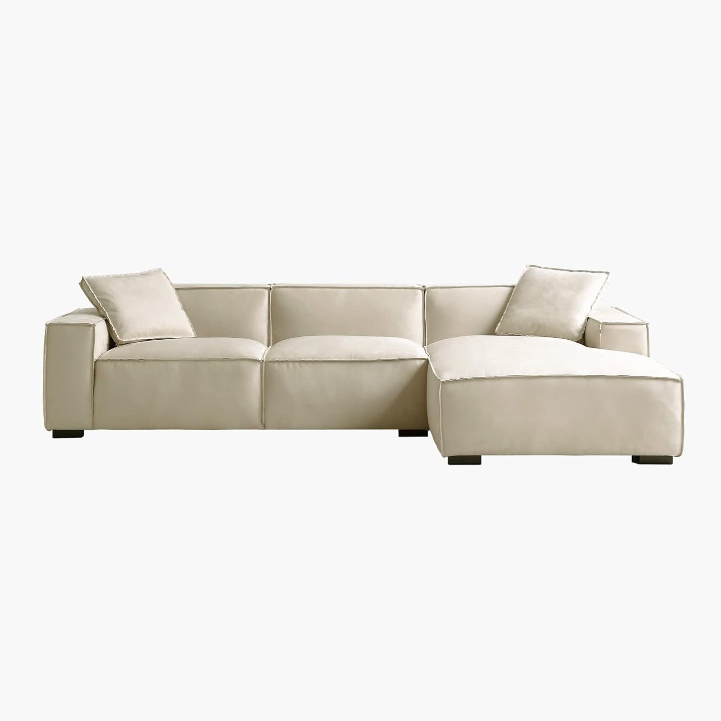 Modern L-Shaped Deep Sectional Sofa Furniture Set for Living Room Lounge, Minimalist Style Comfy Suedette Upholstery Corner Couch with Chaise, Cream-2