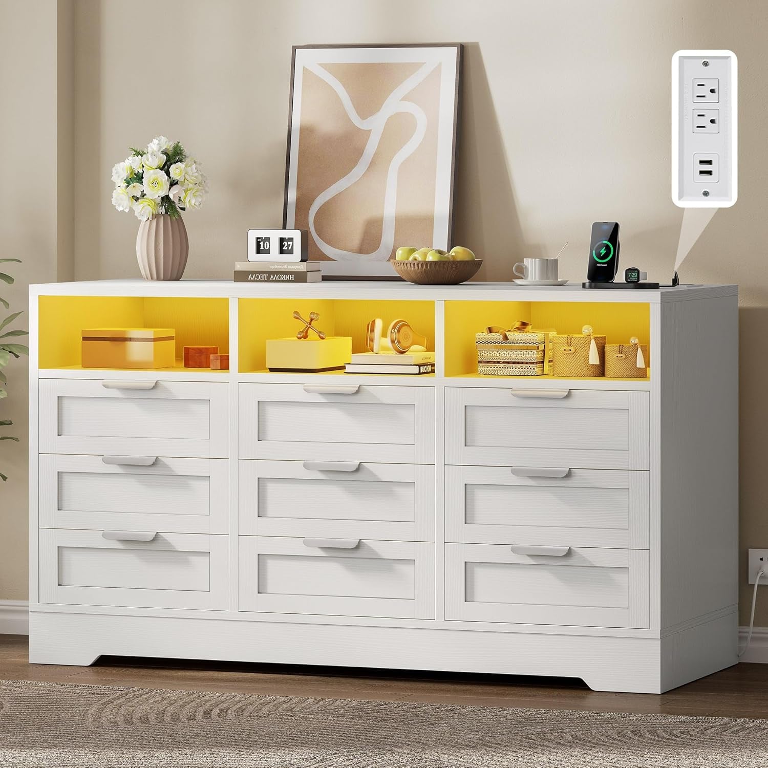 9 Drawer Double Dresser with LED Ligh, Modern Chests of Drawers with Power Outlet, High White Storage Dresser with Charging Station-White-0