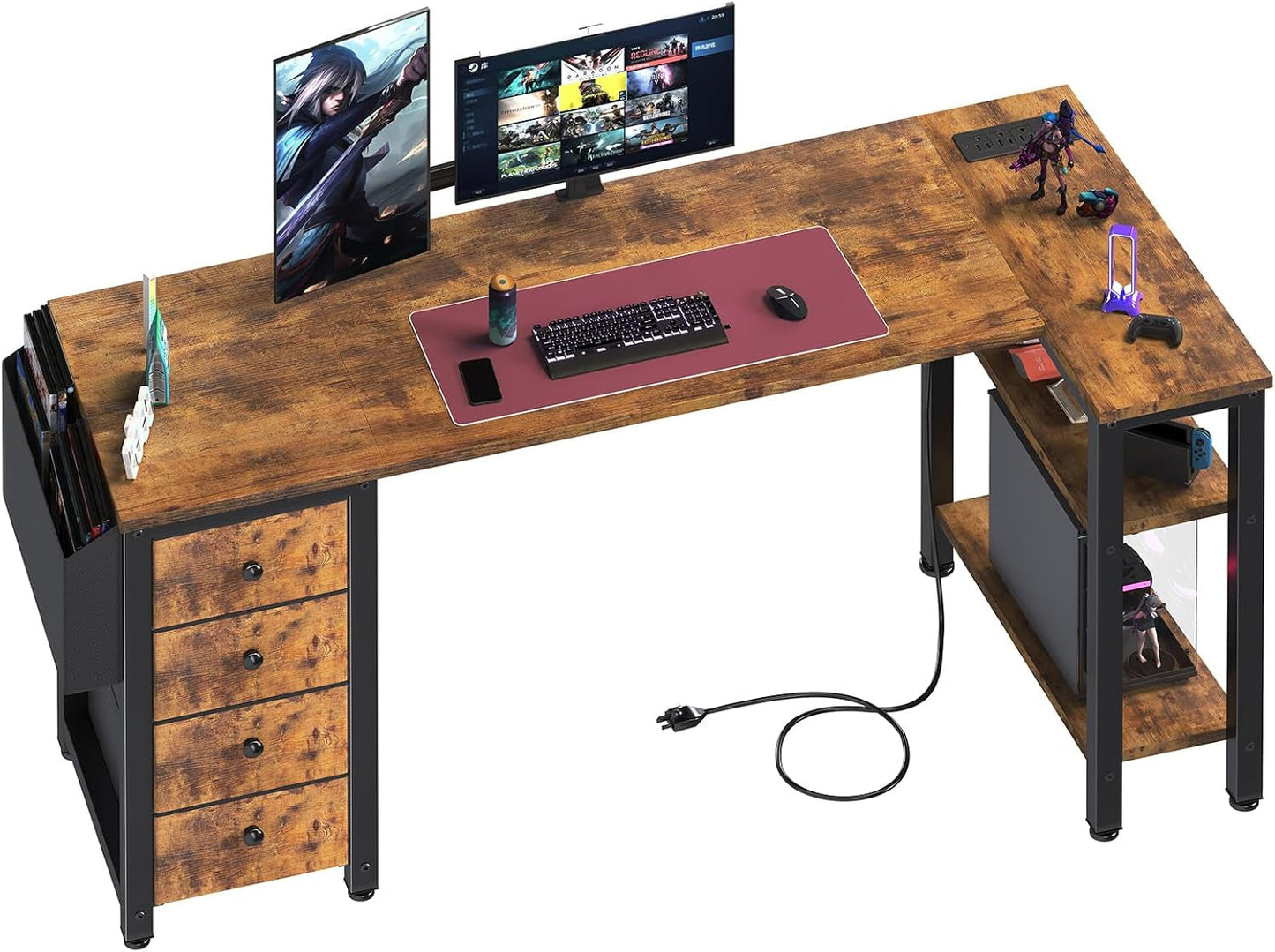 L Shaped Computer Desk with Drawers & Storage Shelves, 55 Inch Corner Desk with Power Outlet for Home Office Bedroom, L-Shaped Teen PC Gaming Desks with Fabric Drawer, Rustic Brown-0