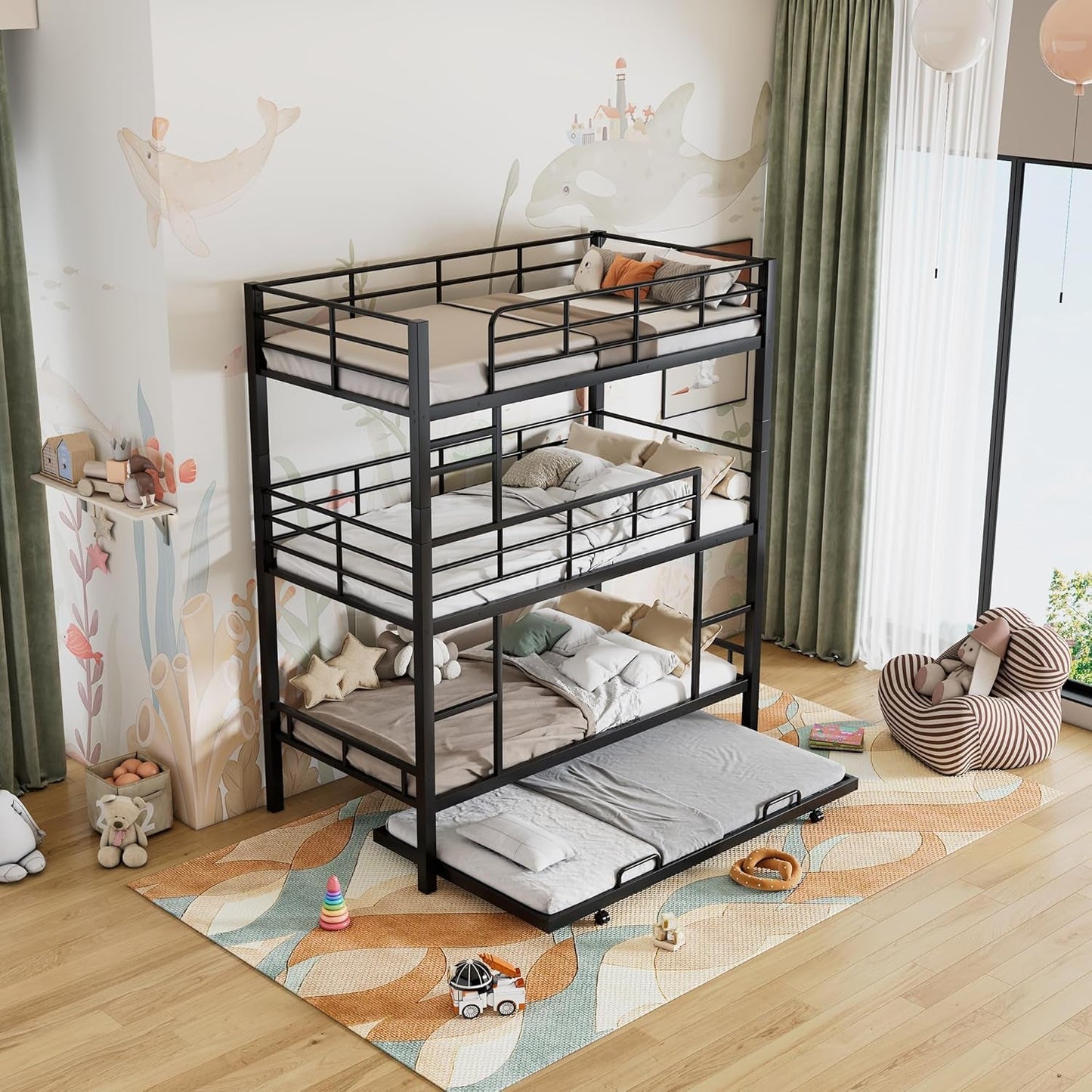 Triple Bunk Bed with Trundle Guardrail & Ladder Twin Size Metal, No Box Spring Needed, Easy Assemble-4