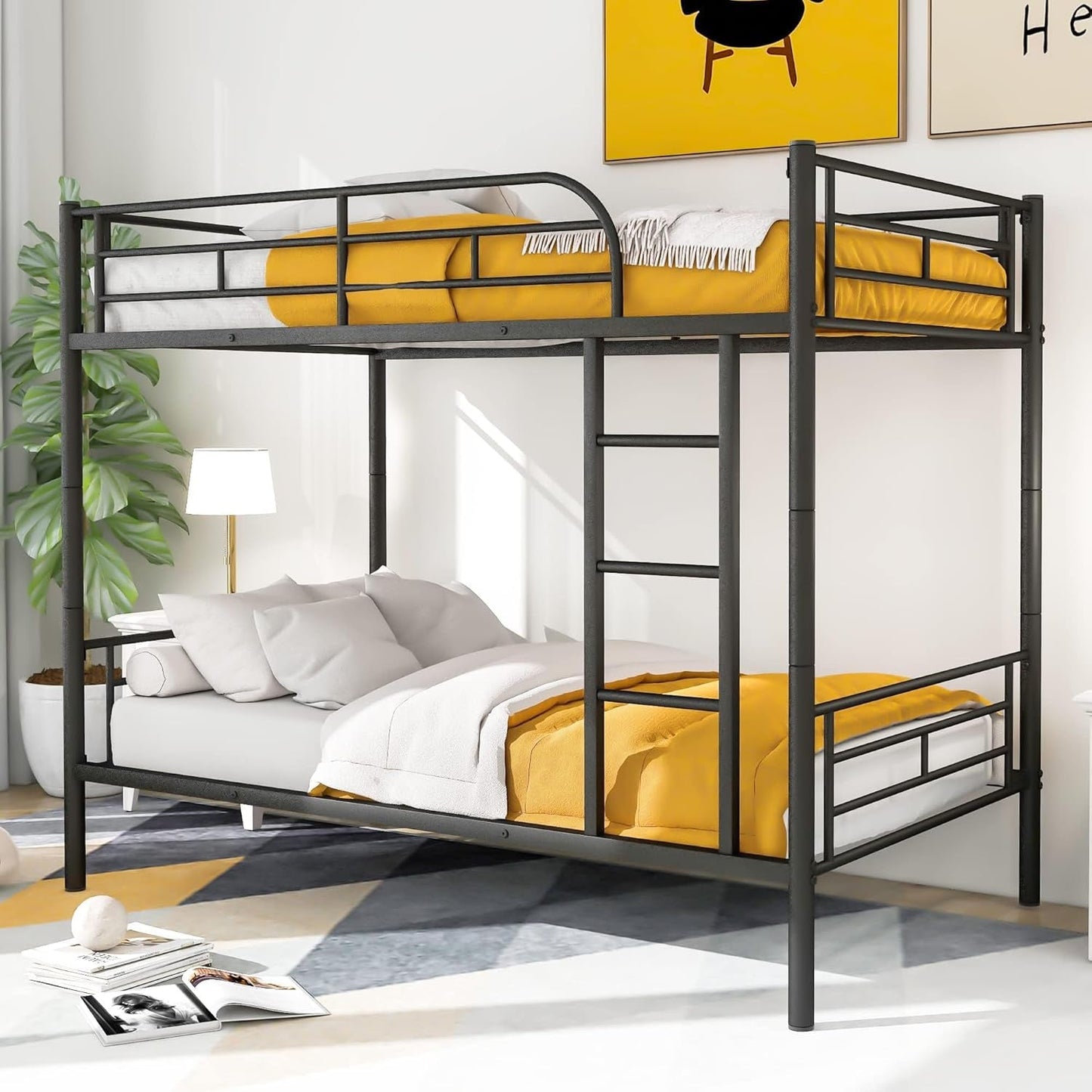 Bunk Bed with Ladder and High Guardrail, Able to Split, Metal Bunk Bed, Storage Space, Noise Free,Twin over Twin Size Bunk Bed,Black-0