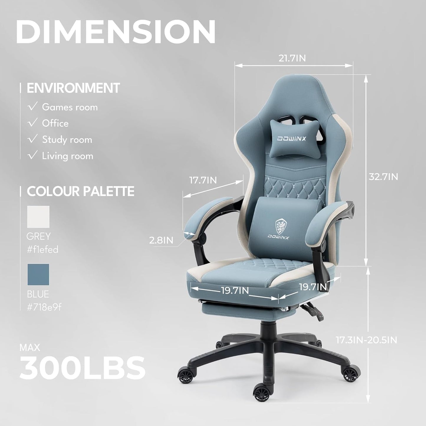 Gaming Chair Breathable Fabric Computer Chair with Pocket Spring Cushion, Comfortable Office Chair with Gel Pad and Storage Bag,Massage Game Chair with Footrest,Blue-2