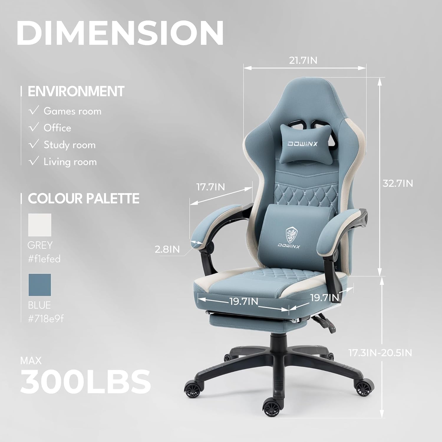 Gaming Chair Breathable Fabric Computer Chair with Pocket Spring Cushion, Comfortable Office Chair with Gel Pad and Storage Bag,Massage Game Chair with Footrest,Blue-2