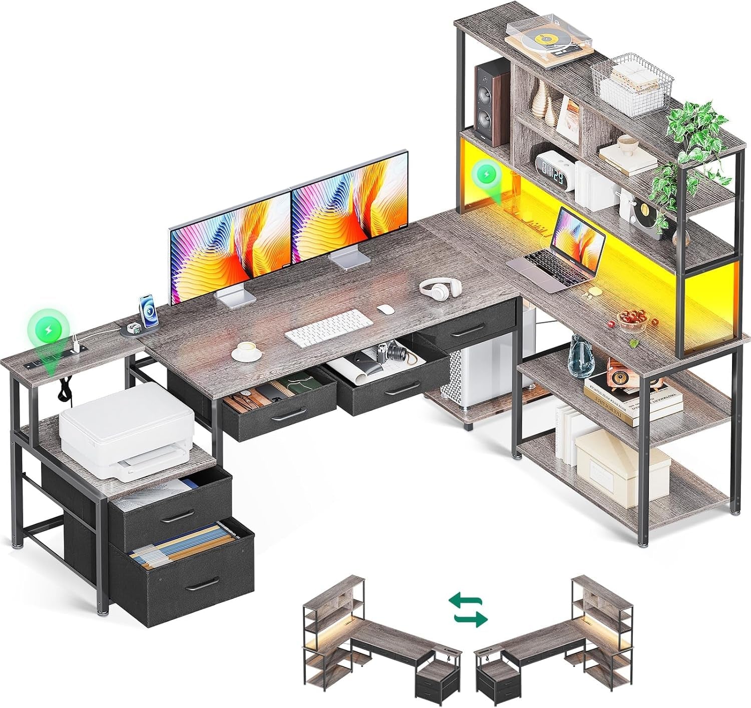 79 Inch L Shaped Desk with File Drawers, Reversible L Shaped Gaming Desk with Power Outlets & LED Lights, Computer Desk with Storage Shelves for Home Office, Grey Oak-0