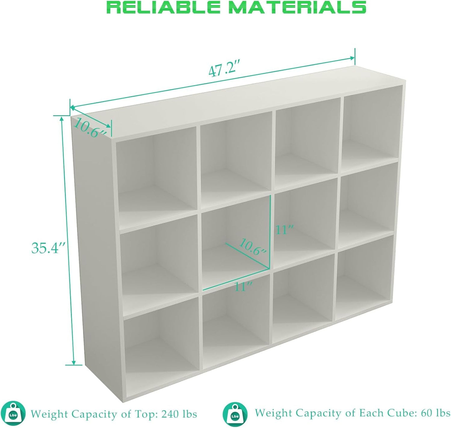 12-Cube Storage Shelf Bookcase - Wooden 3-Tier Floor Standing Open Bookshelf for Home and Office, Display Cabinet, Warm White-2