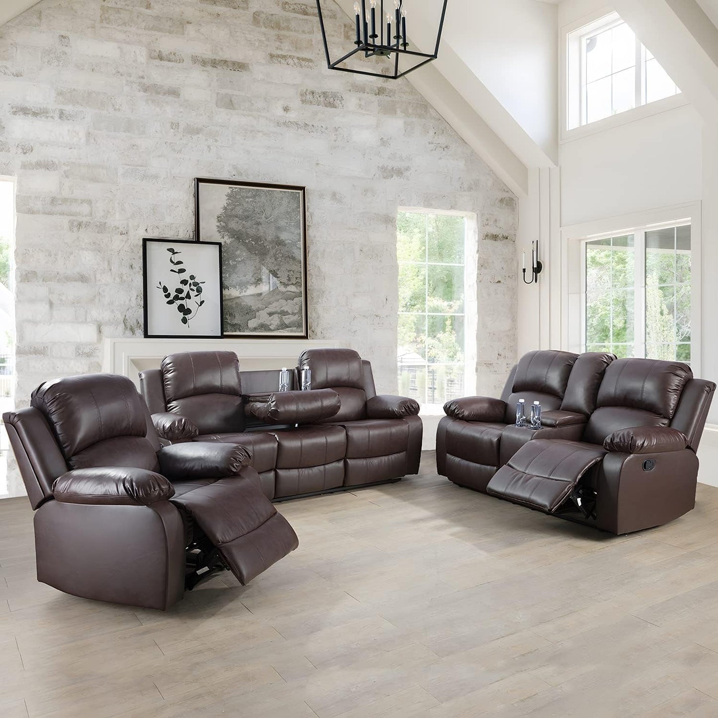 Manual Leather Recliner Sofa Set for Living Room Furniture Set,Leather Recliner Couch Set for Home/Office,Leather Reclining Sofa Set for 3-Pieces(Sofa+Loveseat+Chair) Brown-0