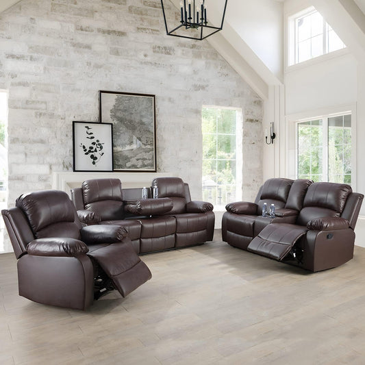 Manual Leather Recliner Sofa Set for Living Room Furniture Set,Leather Recliner Couch Set for Home/Office,Leather Reclining Sofa Set for 3-Pieces(Sofa+Loveseat+Chair) Brown-0