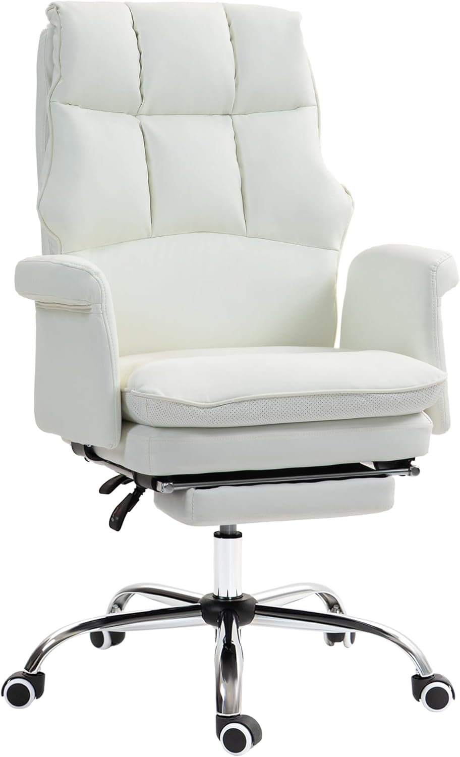Executive Office Chair, PU Leather Ergonomic Office Desk Chair with Footrest, Reclining and Swivel Chair, White-0