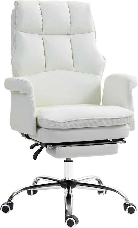 Executive Office Chair, PU Leather Ergonomic Office Desk Chair with Footrest, Reclining and Swivel Chair, White-0
