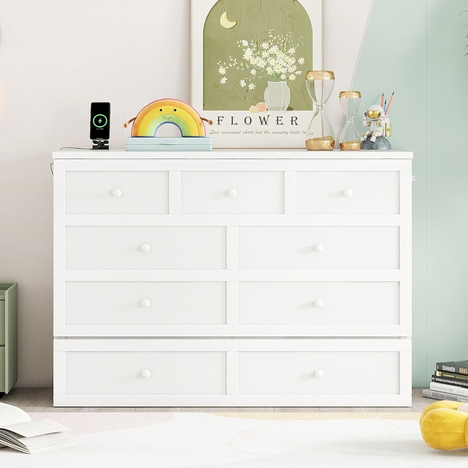 Walnut Queen Murphy Bed Desk Pull-Out Shelves-5