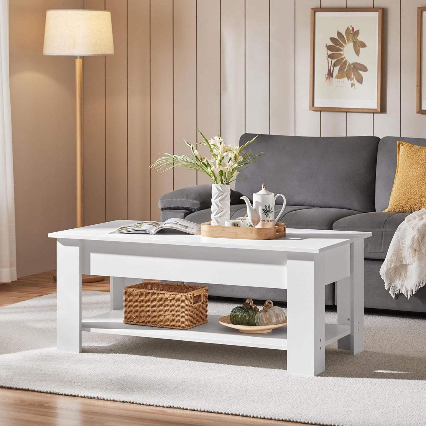 Lift Top Coffee Table with Hidden Compartment and Storage Shelf, Rising Tabletop Dining Table for Living Room Reception Room, 47.5In L, White-3