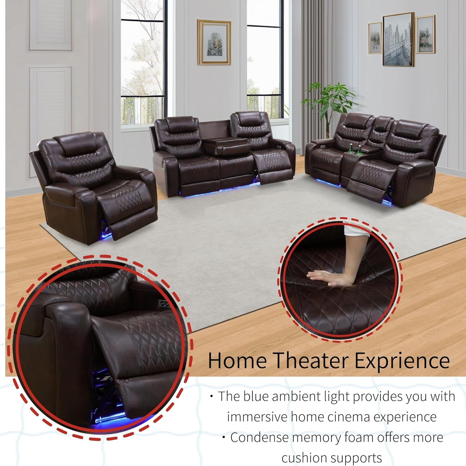 Living Room Furniture Set, Power Reclining Sofa Set, Air Leather Recliners with Built-In USB Ports and Storage Console, LED Reclining Couch Set for Living Room (Wine, Sofa Loveseat Chair)-2