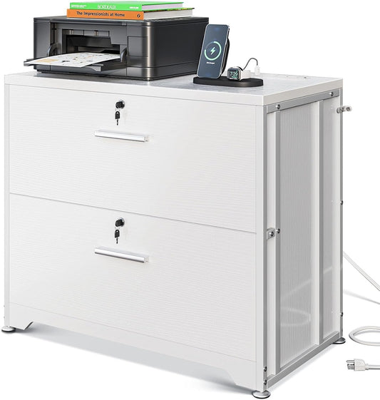 File Cabinet with Charging Station Filing Cabinet for Home Office, Large File Cabinets with Lock, Office Storage Cabinet 2 Drawer for Legal/Letter/A4 File, White-0